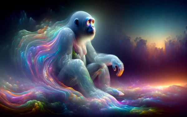HD desktop wallpaper featuring a colorful, artistic depiction of an ape in a mystical, ethereal landscape.