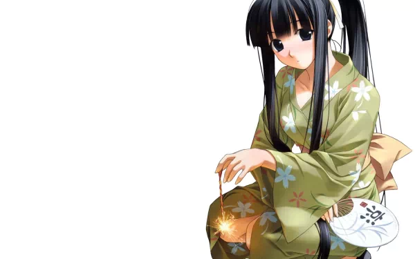 Anime girl HD PC desktop wallpaper: a girl in a green floral kimono sits with a paper fan, holding a lit sparkler on a white background.