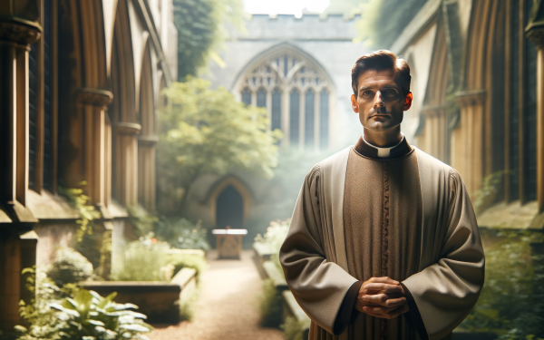 A solemn priest stands in a serene cloister garden with Gothic architecture in the background, perfect for an HD religious-themed desktop wallpaper.