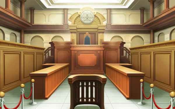 HD wallpaper of a courtroom scene from Apollo Justice: Ace Attorney Trilogy video game for desktop background.