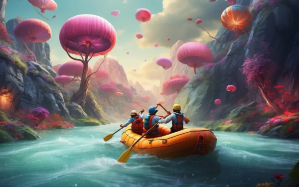 Animated HD wallpaper of people rafting down a fantastical river with oversized pink jellyfish-like trees and floating orbs illuminating the mystical landscape.