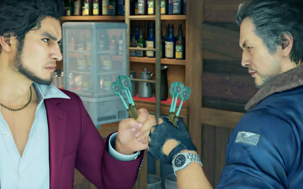 HD wallpaper of two characters from Yakuza: Like a Dragon video game in a dramatic dart game standoff.