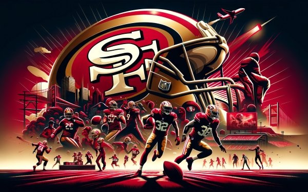 HD wallpaper featuring dynamic San Francisco 49ers NFL team imagery, perfect for football enthusiasts and Super Bowl fans, with vibrant artistic representation of players in action.
