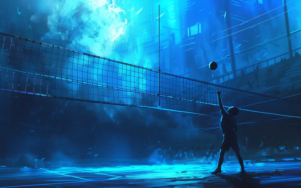 A dynamic silhouette of a volleyball player serving against a dramatic blue-tinted background, capturing the energy of sports in an HD wallpaper format.