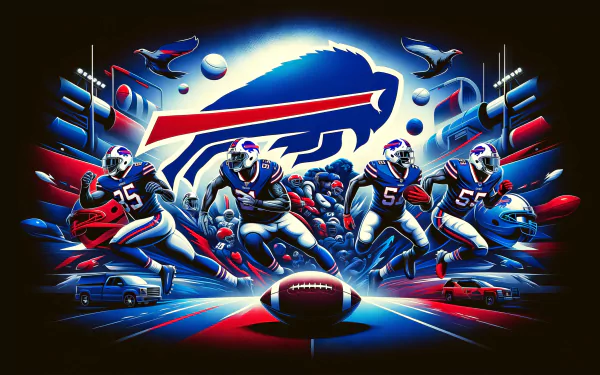 HD desktop wallpaper featuring dynamic artwork of Buffalo Bills players and logo, celebrating the excitement of NFL Super Bowl football.