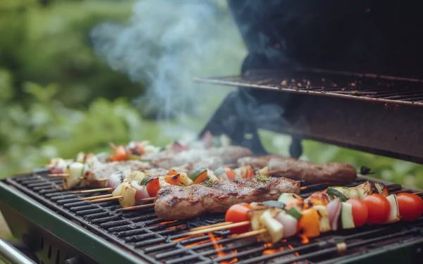HD desktop wallpaper featuring skewers and steaks on a smoking BBQ grill for a delicious outdoor cooking background.