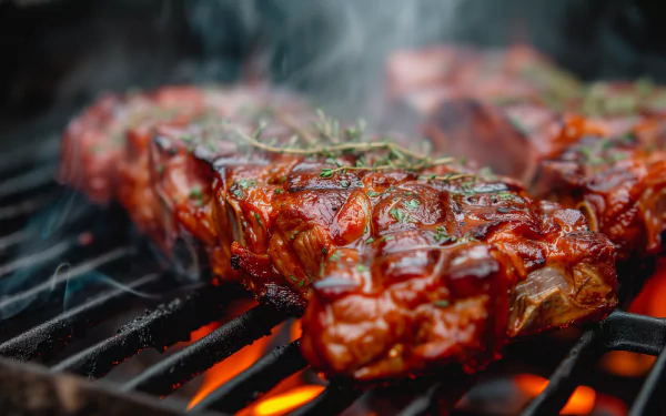 Succulent barbecued ribs with rosemary seasoning cooking on a grill, HD desktop wallpaper and background.