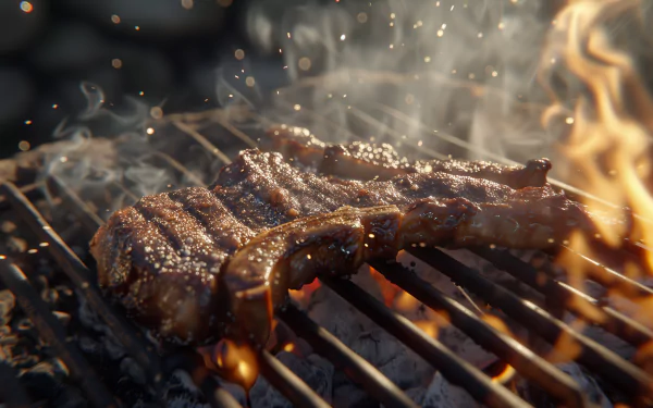 A sizzling steak grill with smoke and flames, showcasing mouthwatering BBQ excellence in a vibrant HD desktop wallpaper.