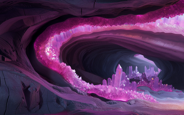 HD desktop wallpaper featuring a mesmerizing crystal cave with vibrant pink and purple hues, perfect for a magical background setting.