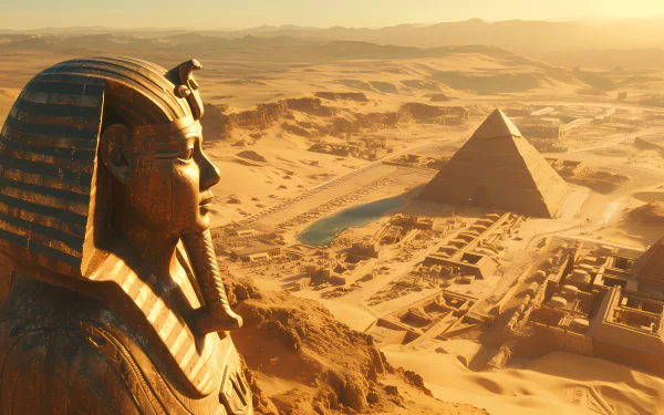 HD wallpaper featuring a fantasy Pharaoh statue overlooking the pyramids and landscape of ancient Egypt.