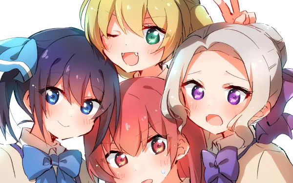 HD anime wallpaper featuring four colorful characters from Kanojo mo Kanojo with diverse expressions and vibrant backgrounds, designed for PC desktops.