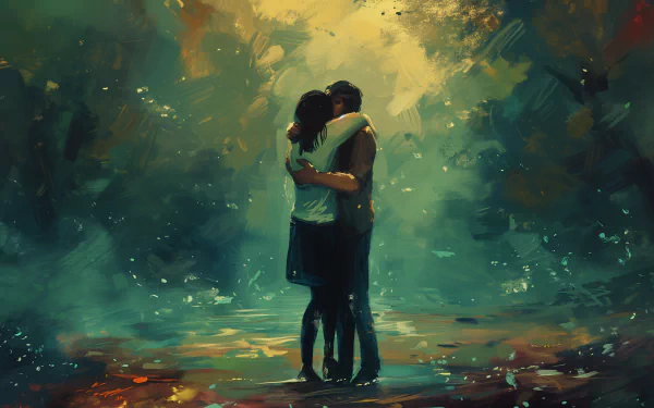 A couple embracing in a beautiful, painterly forest setting, perfect for a romantic HD desktop wallpaper and background.