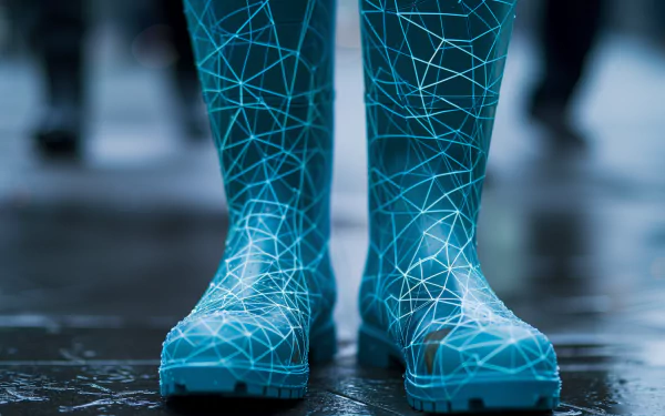 A close-up of vibrant blue rain boots with a geometric pattern, set against a reflective surface, creating an eye-catching HD desktop wallpaper and background.