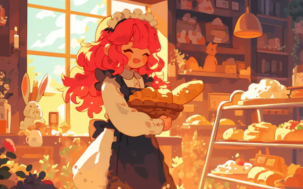 Anime girl working in a bakery surrounded by bread, HD desktop wallpaper.