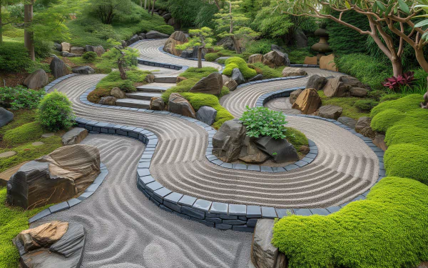 A serene bonsai garden featuring winding paths of manicured sand, lush greenery, and carefully placed rocks, captured in high-definition for a stunning desktop wallpaper and background.