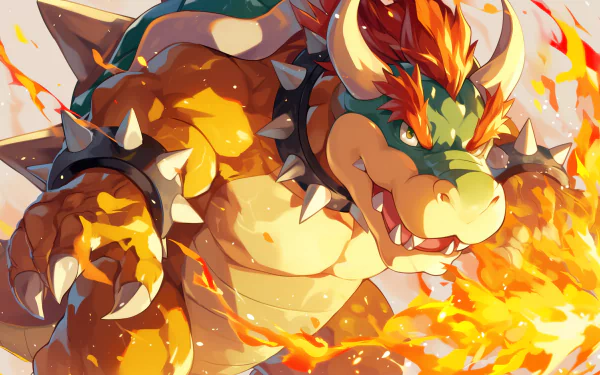 A vibrant HD desktop wallpaper featuring Bowser, the iconic video game character, unleashing flames with an intense expression against a dynamic background.