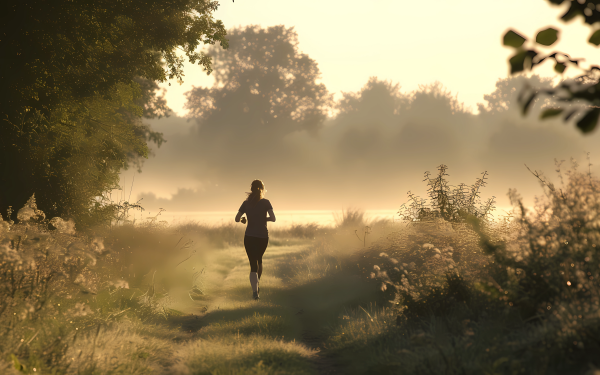 Person jogging on a countryside path during a misty morning surrounded by nature for HD desktop wallpaper background.
