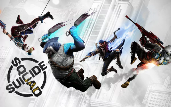 HD wallpaper of Suicide Squad: Kill the Justice League video game, featuring dynamic action poses of characters against a city backdrop.