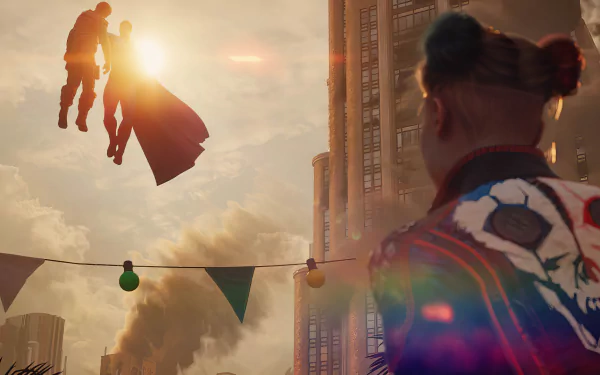 HD wallpaper of Suicide Squad: Kill the Justice League video game featuring a character watching superhero action in the sky