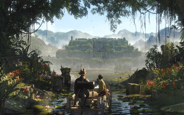 HD wallpaper of Indiana Jones and the Great Circle video game, featuring the iconic adventurer in a jungle environment approaching an ancient city.