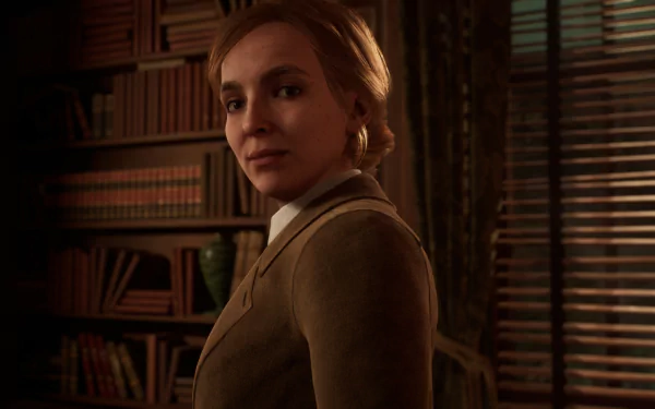 A detailed HD wallpaper from the video game Alone in the Dark (2024), featuring a woman in a vintage setting, standing near a bookshelf and portrayed with a serious expression.