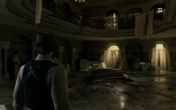 A haunting scene from Alone in the Dark (2024), showcasing a dimly lit, abandoned interior with shattered decor and eerie light filtering through draped windows. HD desktop wallpaper.