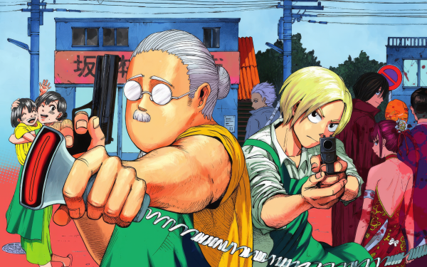 Sakamoto Days anime characters in action pose wallpaper, featuring a mature man with a cleaver and a young man with a gun, set against a vivid street scene background – perfect for HD desktops.