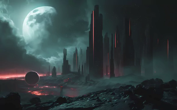 HD dystopian planetscape wallpaper featuring a post-apocalyptic city under a large moon with dramatic lighting and a dark, foreboding atmosphere.