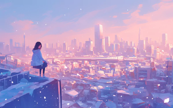 A serene snowy cityscape featuring a person sitting on a rooftop, surrounded by snow-covered buildings, with a pastel sky reflecting the tranquil ambiance. HD desktop wallpaper.
