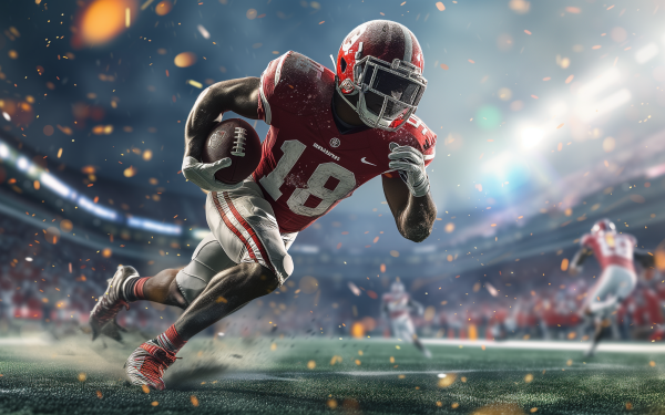 Dynamic HD wallpaper of a football player running for a touchdown in a packed stadium, capturing the intense action of the game.