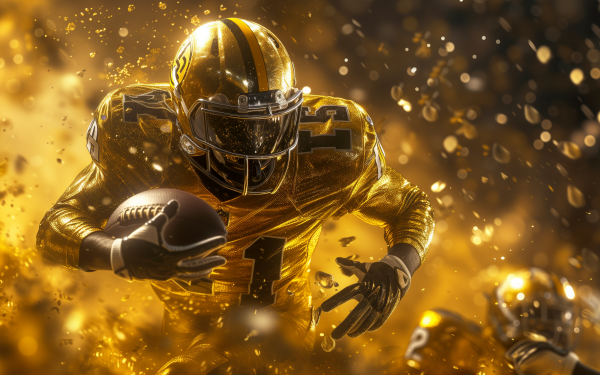 Dynamic football player scoring a touchdown amid a sparkling golden backdrop, perfect for HD sports-themed desktop wallpaper.