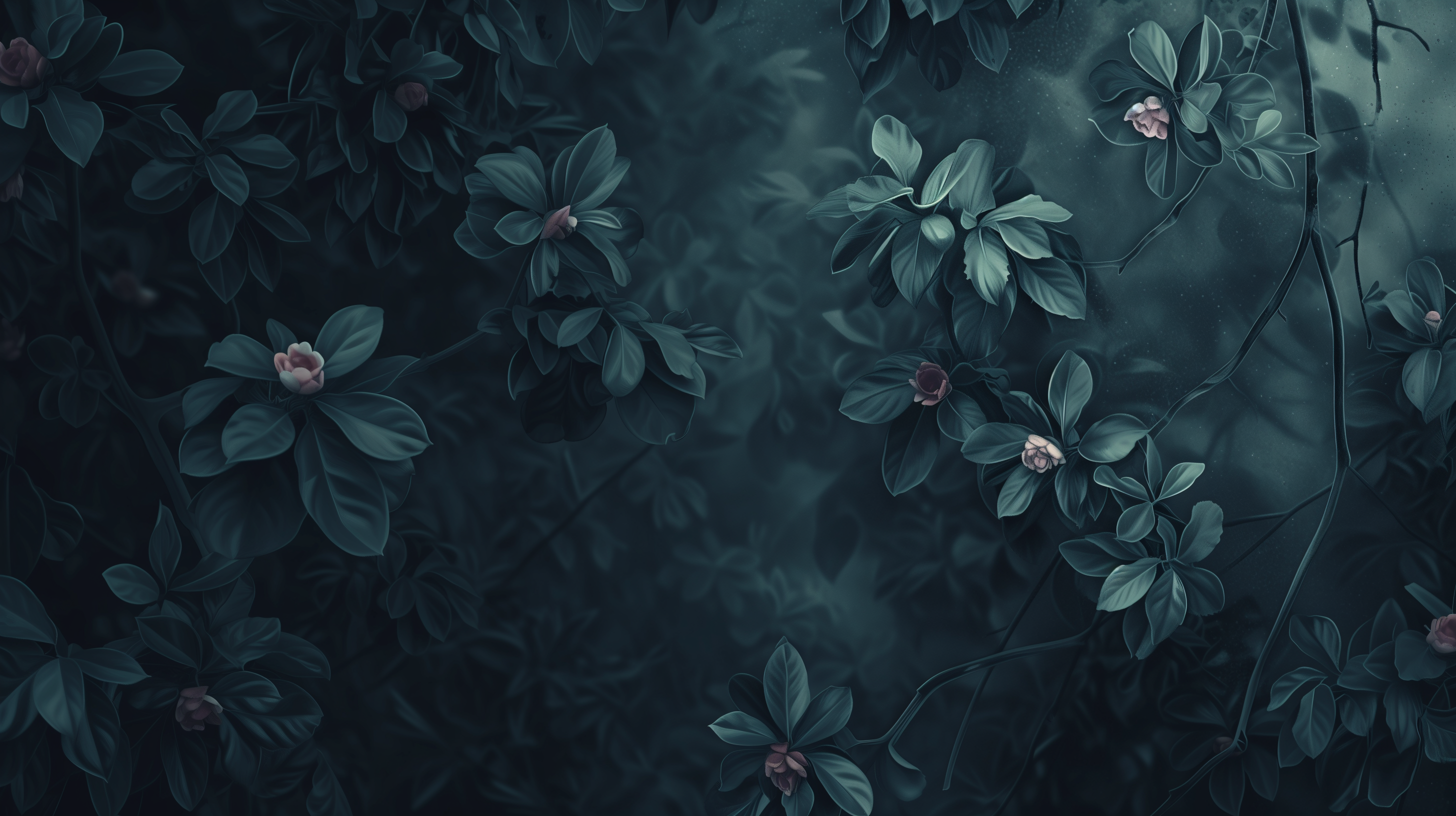 Dark floral aesthetic HD wallpaper with black shades and subtle flower highlights for desktop background.