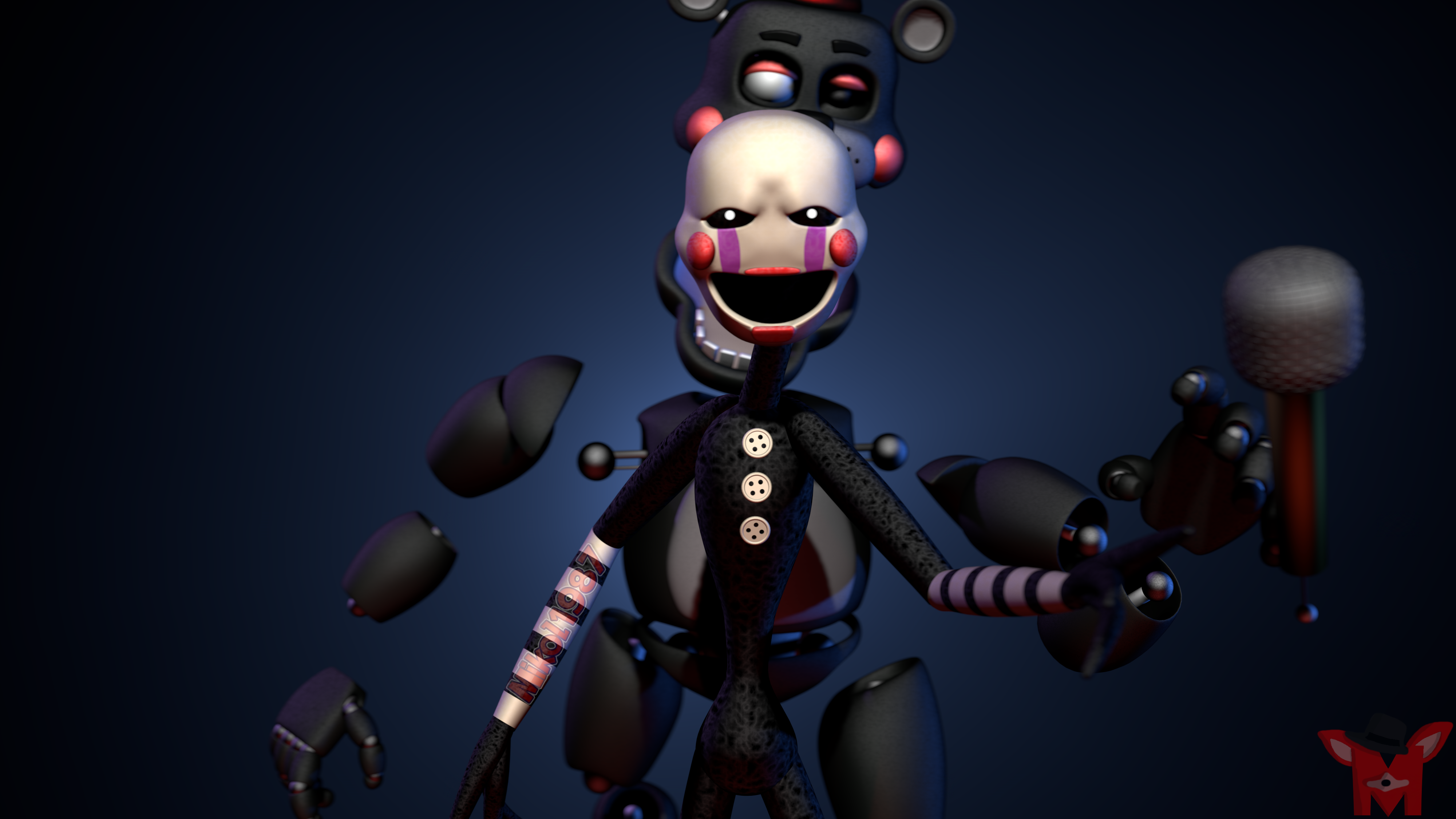A creepy HD desktop wallpaper featuring the Puppet character from the video game Five Nights at Freddy's 2, set in Freddy Fazbear's Pizzeria Simulator.