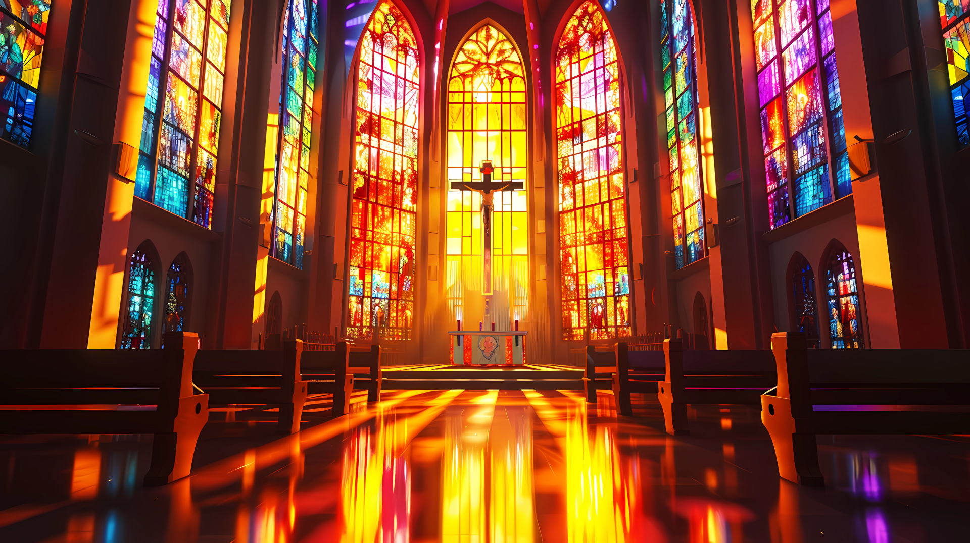 HD wallpaper of a church interior with vibrant stained glass windows, reflecting colorful light on the floor, embodying faith and architectural beauty.