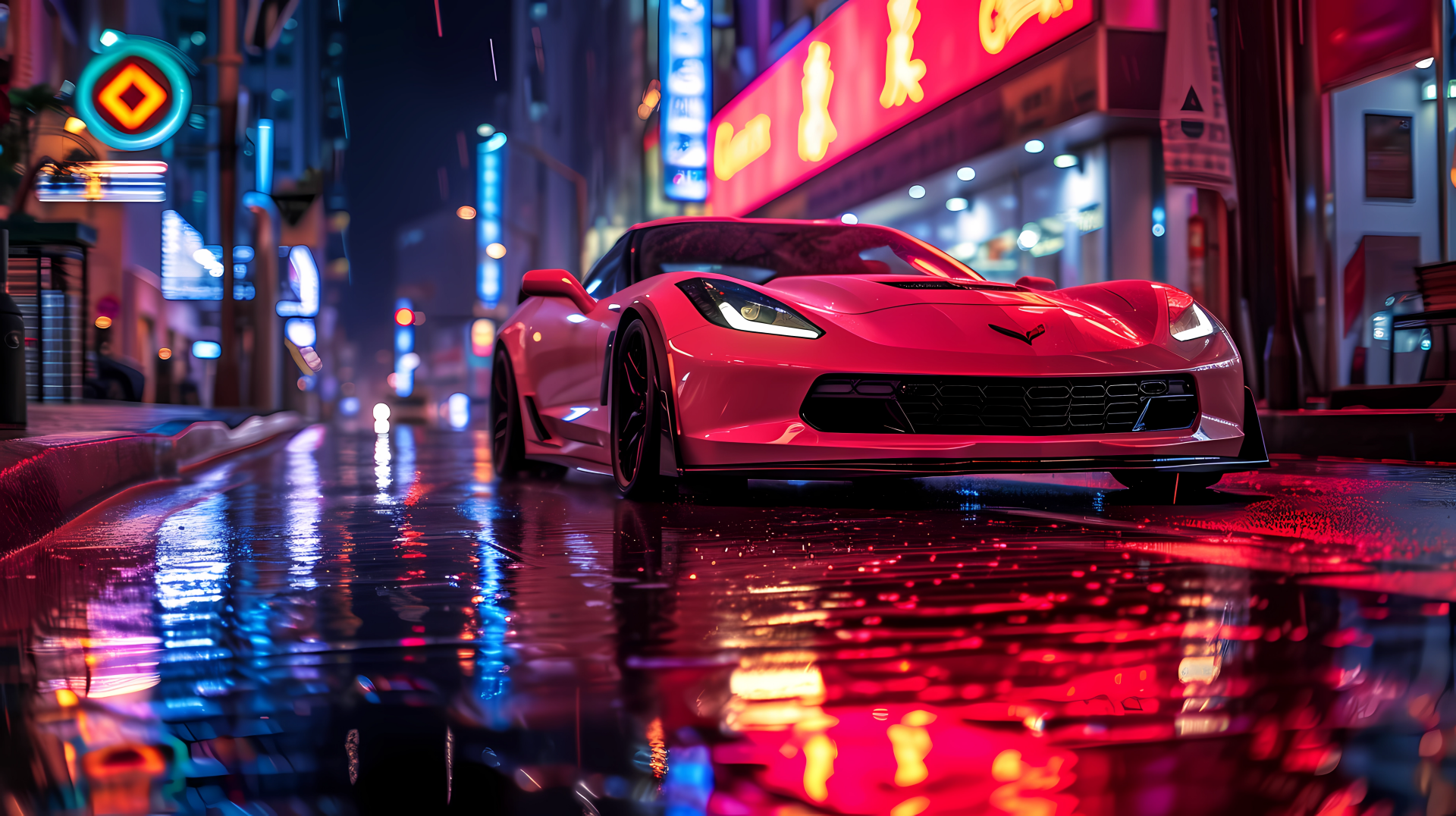 A red Chevrolet Corvette parked on a wet city street at night with neon signs reflecting on the pavement, HD desktop wallpaper and background.
