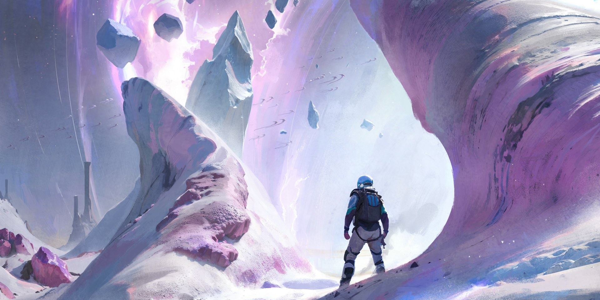 Astronaut exploring a stunning alien planet landscape HD desktop wallpaper and background with surreal purple hues and floating rocks.