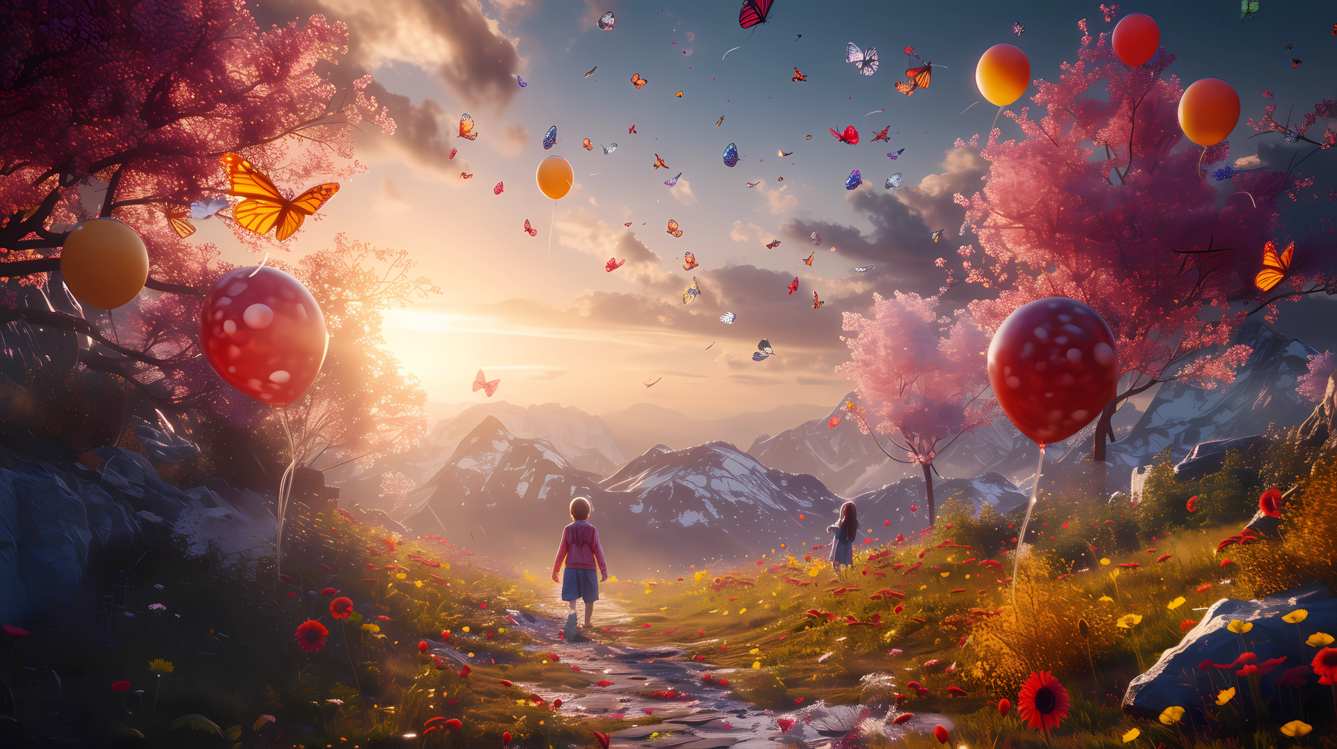 HD wallpaper featuring a joyful surreal landscape with colorful balloons, blooming cherry trees, and warm sunlight in a serene mountainous setting.