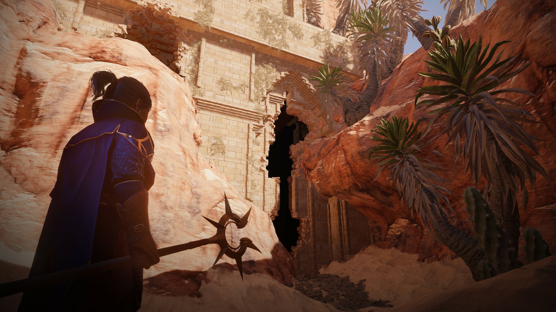 HD desktop wallpaper of Enshrouded video game featuring character in a desert environment with ruins and foliage.