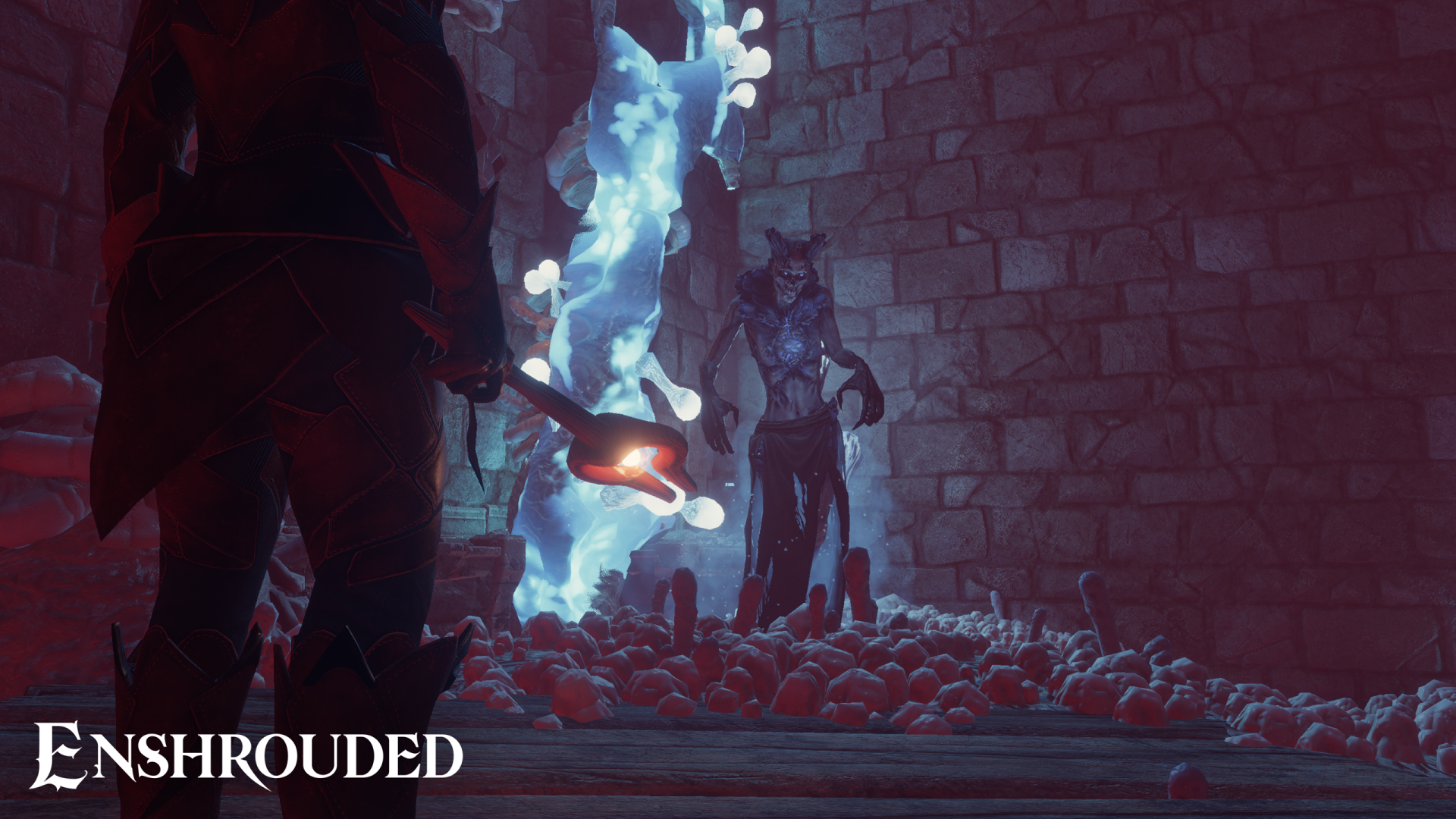 Enshrouded video game HD desktop wallpaper featuring an ominous figure with glowing blue energy, ready for battle in a dark, mystical setting.