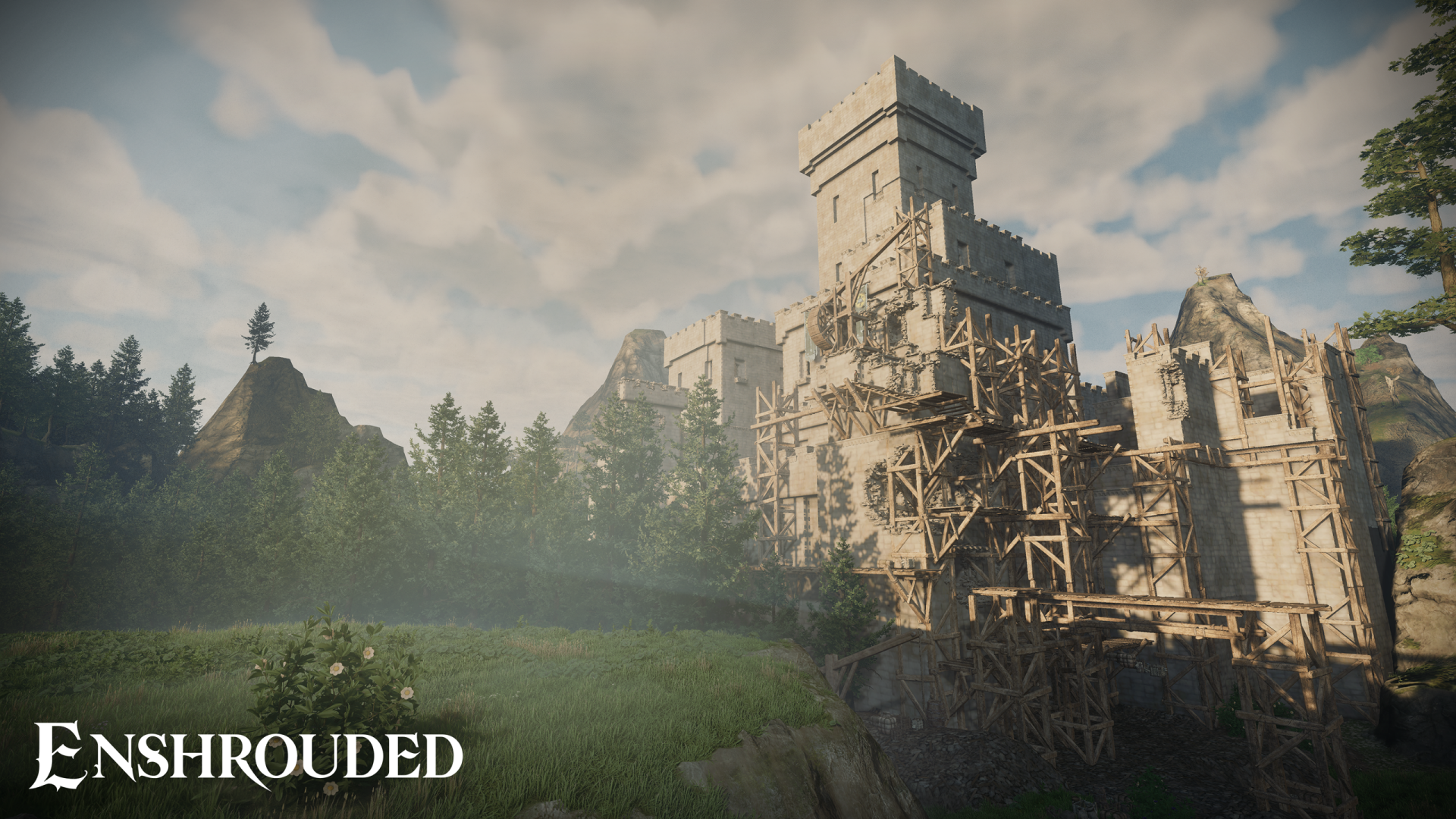 HD wallpaper of a medieval castle in the video game Enshrouded, featuring lush greenery and ruins under a soft-lit sky.
