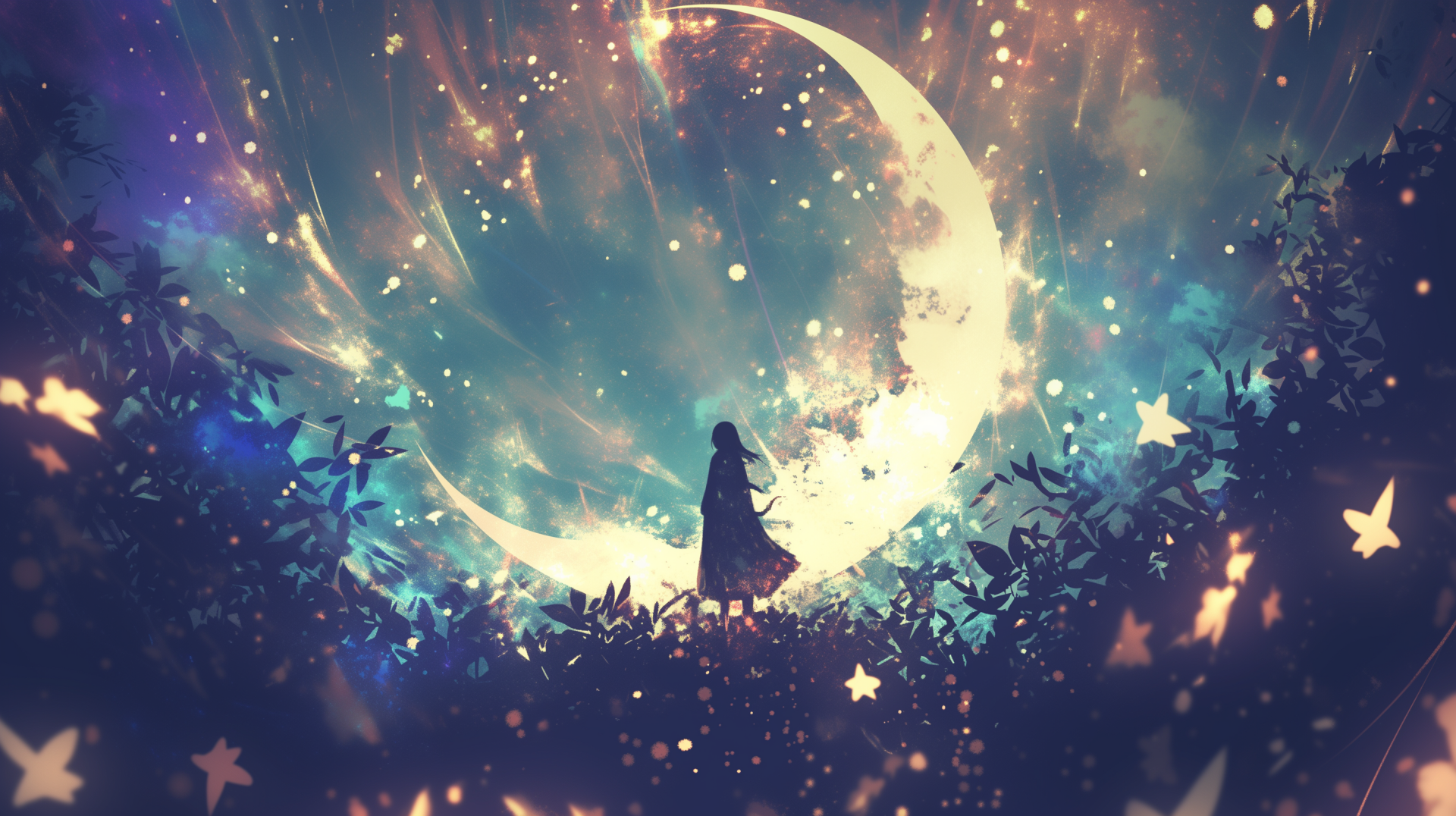 Anime character gazing at a crescent moon in a starry sky, HD wallpaper with a magical night theme.