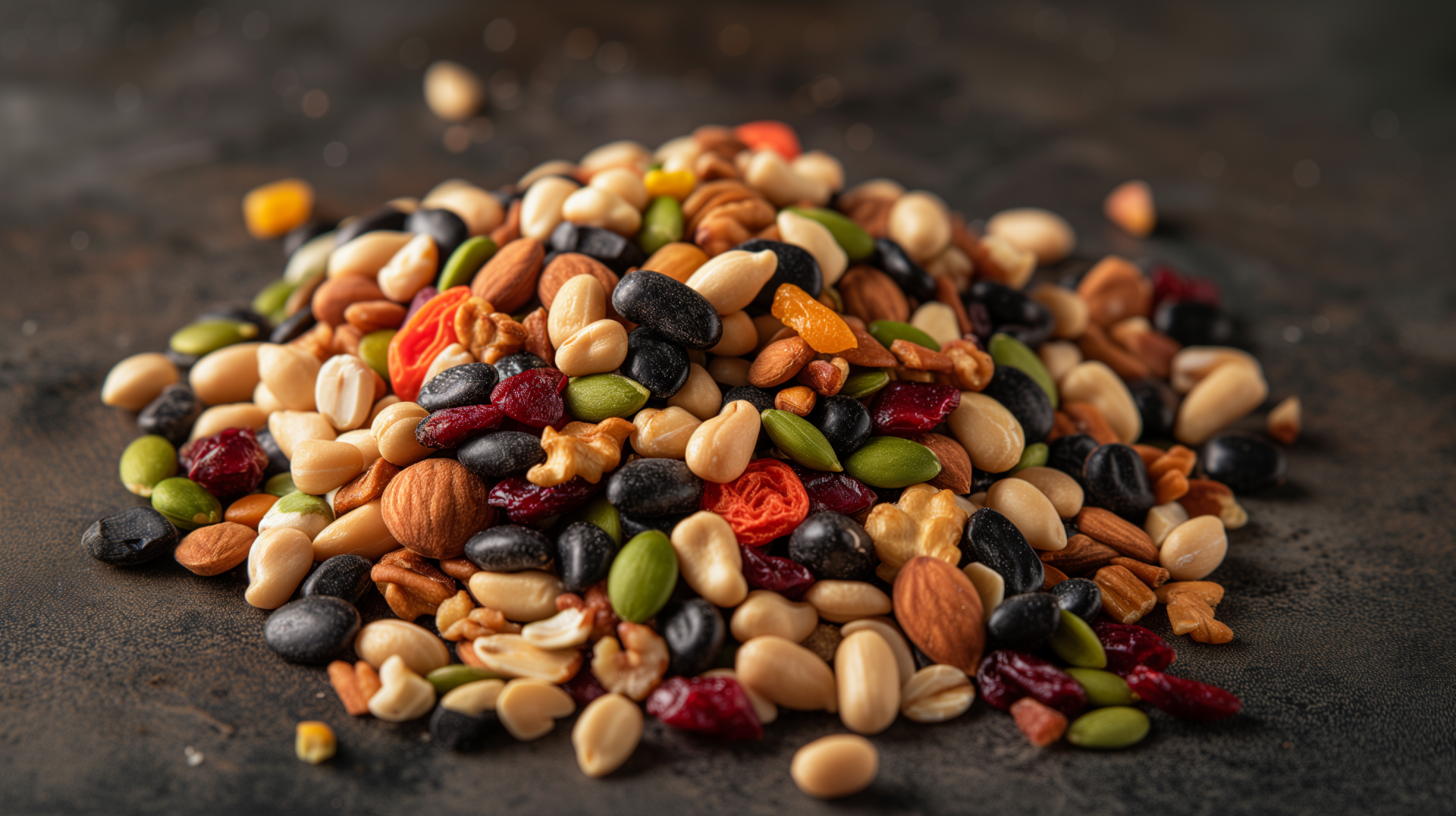 HD desktop wallpaper featuring a colorful heap of trail mix with nuts, seeds, and dried fruits on a textured dark background.