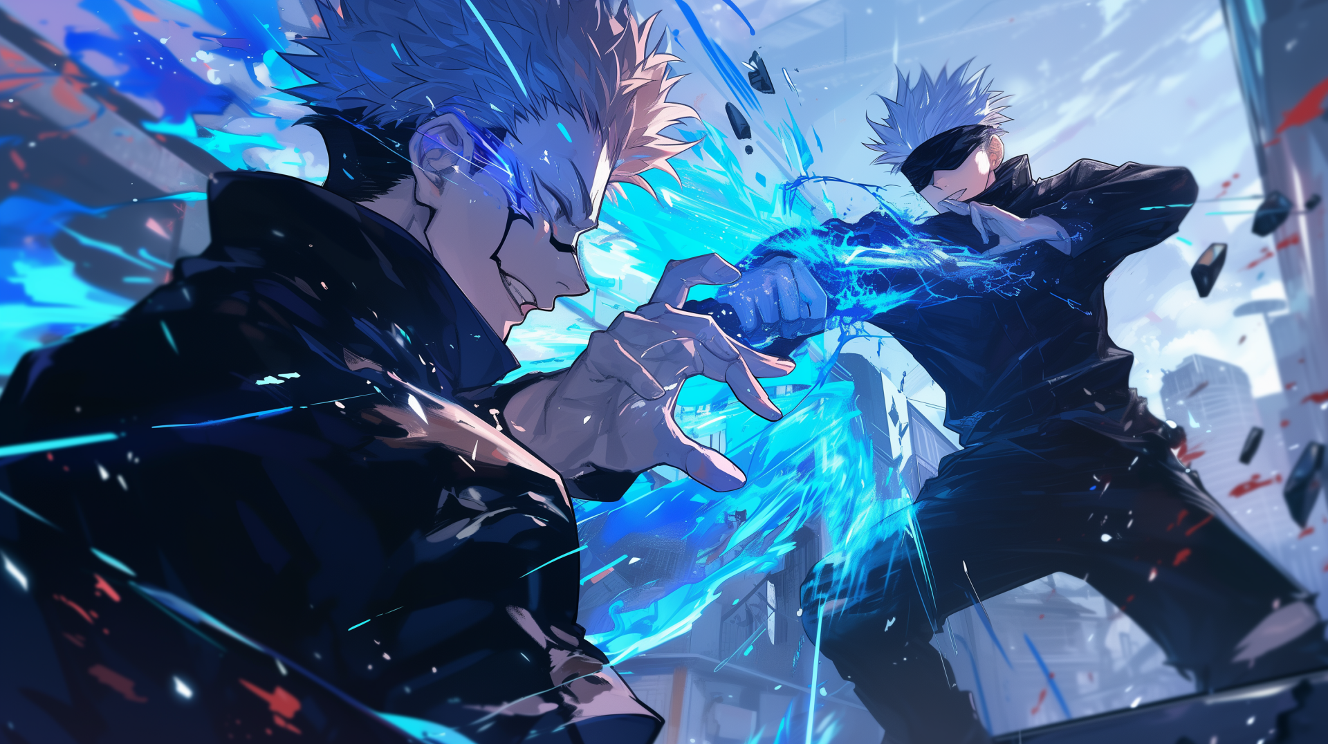 HD desktop wallpaper featuring the intense battle between Satoru Gojo and Sukuna from Jujutsu Kaisen, showcasing dynamic anime action
