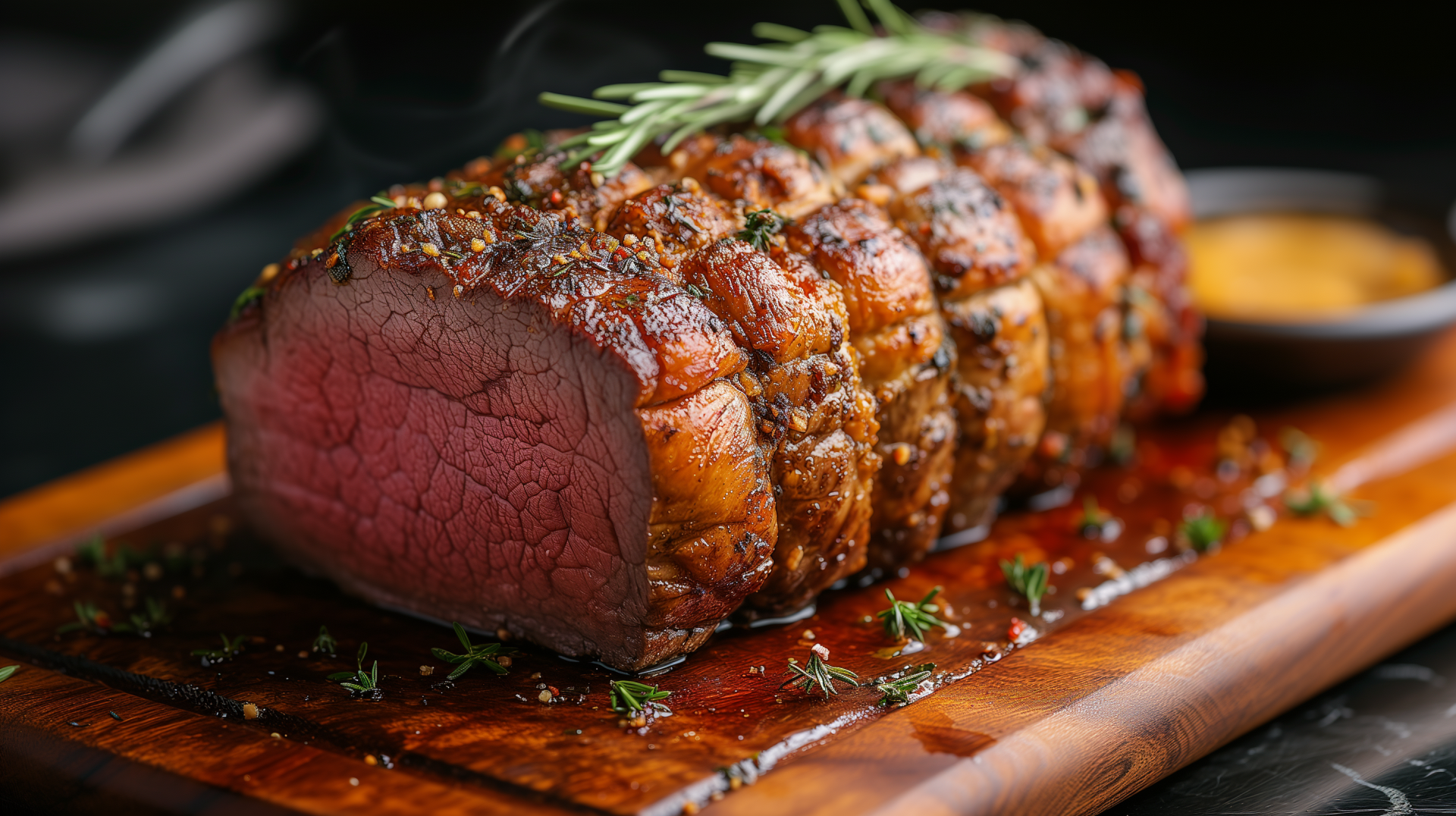 A beautifully roasted beef served on a wooden board, garnished with herbs, showcasing its succulent interior, making it an enticing centerpiece for Thanksgiving celebrations.