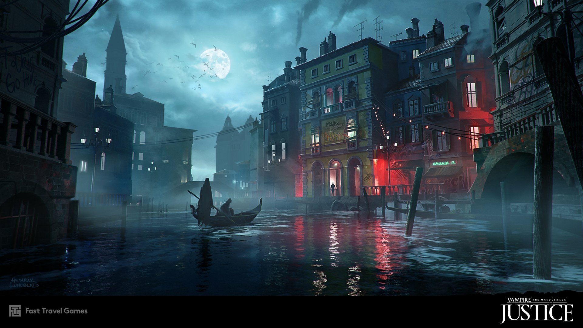 A captivating HD desktop wallpaper from the video game Vampire: The Masquerade - Justice, showcasing a moody cityscape with mist and a full moon reflected in the water.