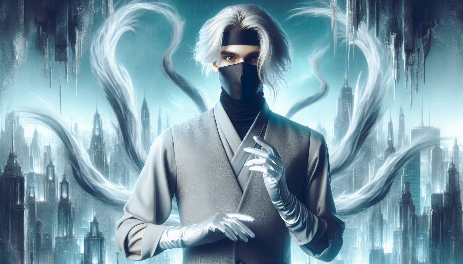 Satoru Gojo HD wallpaper featuring the powerful anime character with mystic energy swirls and a futuristic city background for desktop.