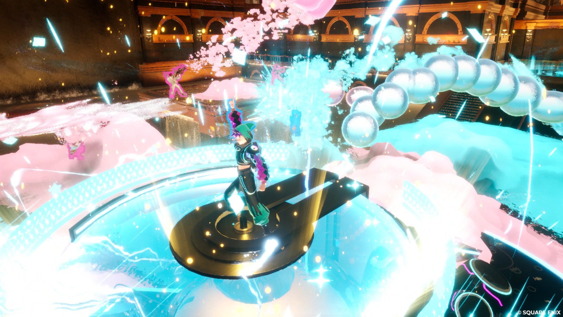 HD desktop wallpaper featuring dynamic action scene from the video game Foamstars with vibrant effects and character in the center.