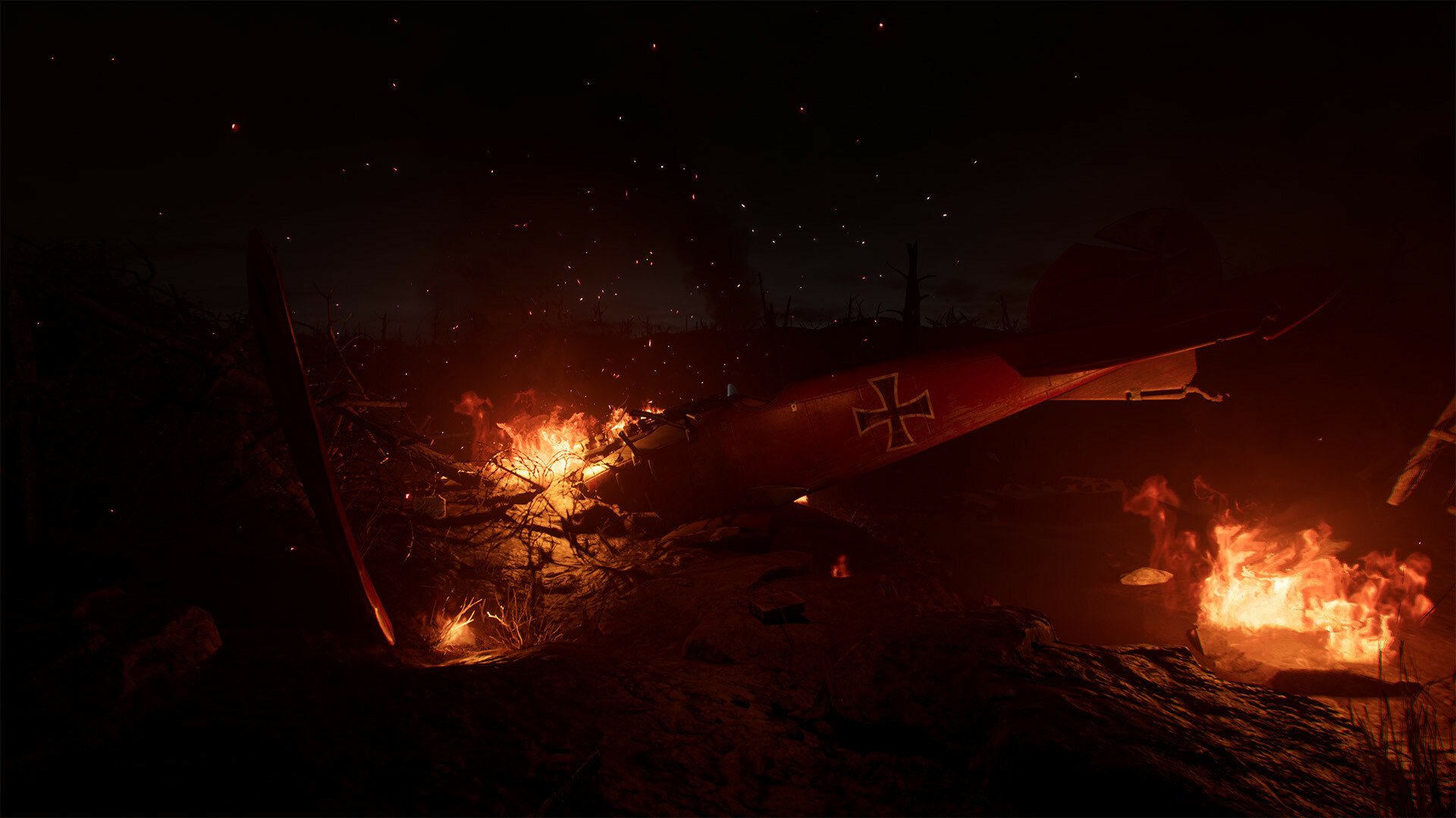 HD desktop wallpaper featuring a scene from the video game Ad Infinitum with a fiery battlefield at night.