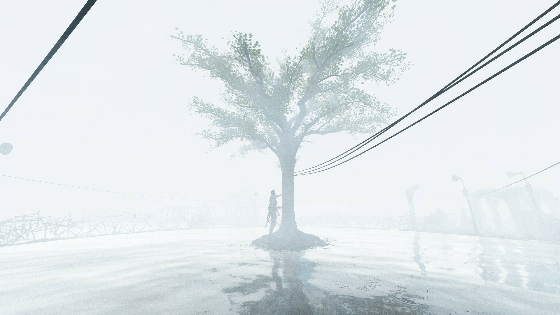 HD desktop wallpaper from the video game Ad Infinitum featuring a solitary tree in a misty, surreal landscape with wires extending from its branches, providing an eerie and atmospheric background.