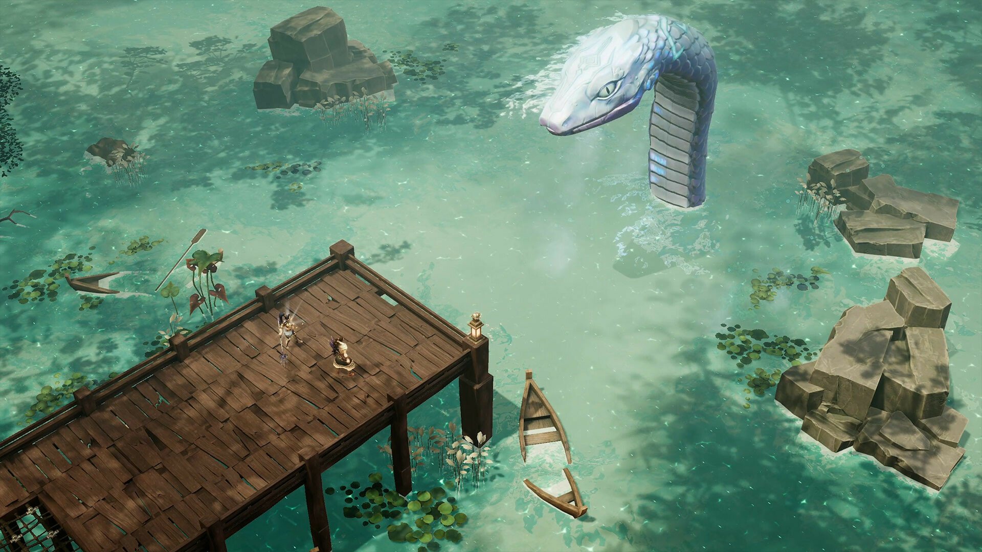 HD wallpaper of Lysfanga: The Time Shift Warrior game featuring a magnificent sea creature and a serene aquatic environment with ruins.
